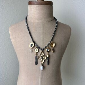 Chico’s matte gold gunmetal necklace with pearl and tassels